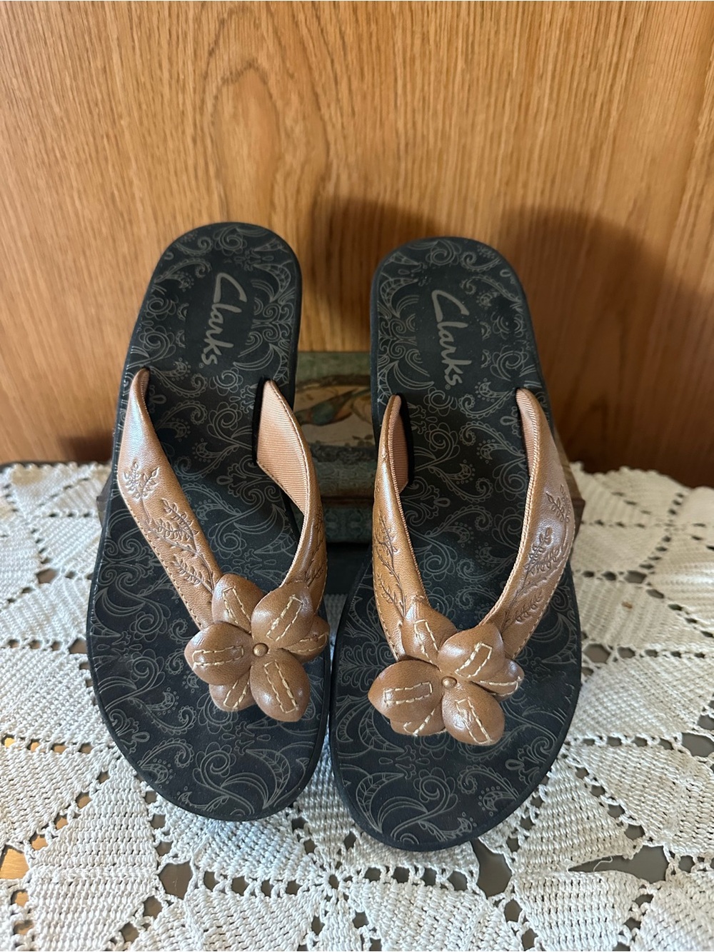 Clarks Bronze Floral Embroidered Thong Sandals